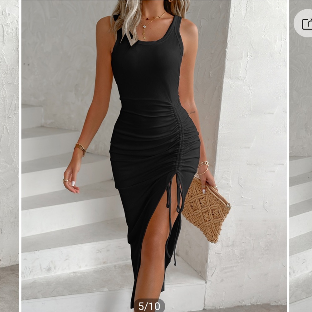 CHICME Black Maxi Dress Side Slit Ruched Drawstring Size XL NWOT